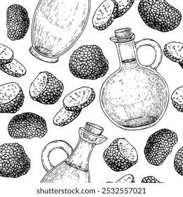 Truffle oil and black edible truffle vector seamless pattern . Engraved style sketch of glass bottle with oil and group truffle mushrooms whole and sliced. Food aromatic illustration drawing backgroun