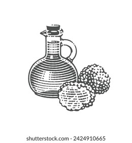 Truffle oil jar. Hand drawn engraving style illustrations. Vector illustration.