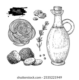 Truffle pasta ingredients vector drawing. Black truffle mushroom, spaghetti, Tajarin, olive oil, cheese set sketch. Food illustration. Restaurant menu meal. Traditional Italian cuisine. 