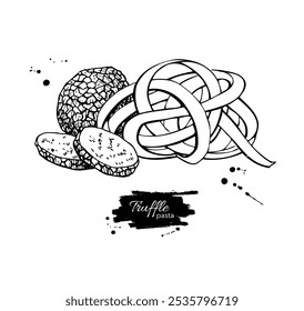 Truffle pasta ingredients vector drawing. Black truffle mushroom, fettuccine, Tajarin, sketch. Food illustration. Restaurant menu meal. Traditional Italian cuisine. 