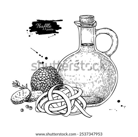 Truffle pasta ingredients vector drawing. Black truffle mushroom, fettuccine, Tajarin, olive oil, parmesan cheese set sketch. Food illustration. Restaurant menu meal. Traditional Italian cuisine. 