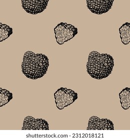 Truffle seamless pattern. Background with truffle mushroom drawing. Hand drawn mushrooms decorative ornament for packaging design, label, print