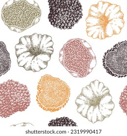 Truffle seamless pattern in color.  Edible mushroom background. Forest fungus sketch. Fungal protein, mycoprotein, plant-based product. Healthy food texture design