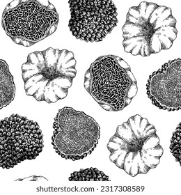 Truffle seamless pattern.  Edible mushroom background. Forest fungus sketch. Fungal protein, mycoprotein source, healthy food, and plant-based products. Mushrooms texture design, packaging.