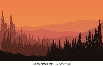 A truly beautiful evening sky with mountain views and incredible silhouettes of pine trees. Vector illustration of a city