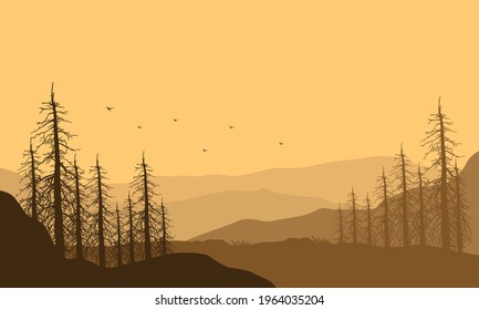 A truly beautiful view of the mountains from the suburbs at twilight with the silhouette of the surrounding pine trees. Vector illustration of a city