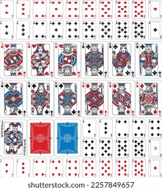 A truly full, complete deck of playing cards in red, blue and black. All cards including joker plus and backs. An original design in a classic vintage style. Standard poker size.