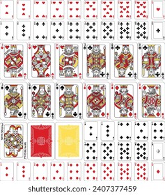 A truly full, complete deck of playing cards in red, yellow and black. All cards including joker plus and backs. An original design in a classic vintage style. Standard poker size.