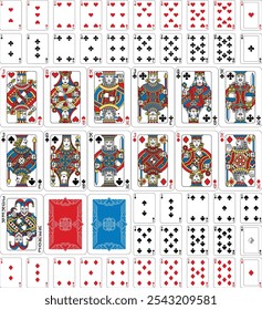 Um baralho verdadeiramente cheio e completo de cartas de baralho em amarelo, vermelho, azul e preto. Todas as cartas, incluindo joker plus e backs. Um design original em um estilo clássico vintage. Tamanho padrão do pôquer.