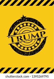 Trump black grunge emblem, yellow warning sign. Vector Illustration. Detailed.