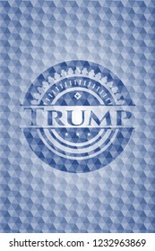 Trump blue emblem or badge with geometric pattern background.