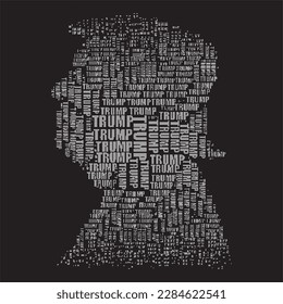 Trump silhouette made of dots and letters.