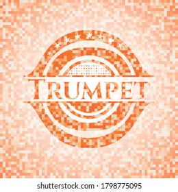 Trumpet abstract emblem, orange mosaic background 