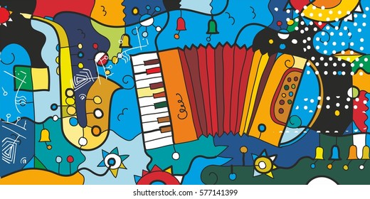 Trumpet and accordion. Graphic colorful prints for banners and paintings.