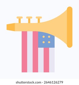 Trumpet With American Flag, Fourth Of July Icon, Vector Style Flat Icon. 