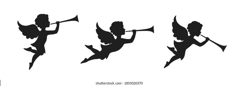 trumpet angel icon set. christmas design element. isolated vector silhouette image