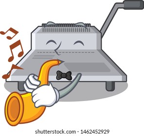 With trumpet binding machine above wood table cartoon