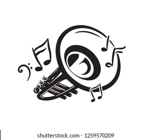 Trumpet blowing music notes. Vector music instrument icon or logo.