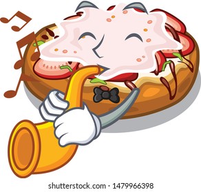 With trumpet bread bruschetta above cartoon wooden table