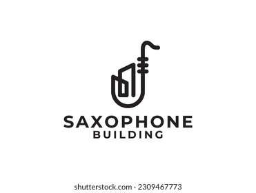 trumpet with building instrument music jazz logo design inspiration