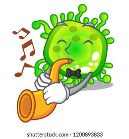 With trumpet cartoon microbes on the humans hand