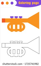 Trumpet in cartoon style, coloring page, education paper game for the development of children, kids preschool activity, printable worksheet, vector illustration