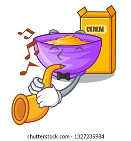 With trumpet cereal box in the shape mascot