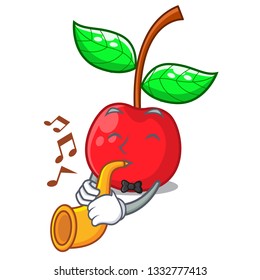 With trumpet cherry fruit in a cartoon bowl