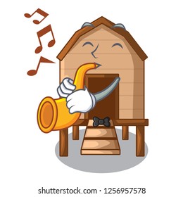 With trumpet chicken in a on charater coop