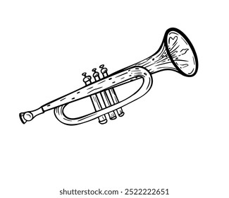 Trompete instrumento musical clássico preto branco ilustração vetor gráfico isolado. Horn instrumento de sopro mão desenhado tinta esboço em linha arte para design embrulhar, Cerveja festival, brochura, livro.