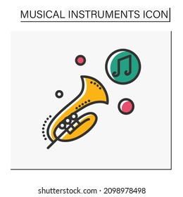 Trumpet color icon. Classical woodwind orchestral musical instrument. Classical, ethnic and modern music. Music from different countries. Isolated vector illustration. Vector illustration