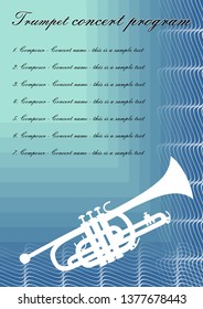 Trumpet concerts program template with white trumpet silhouette, sample text on blue abstract background