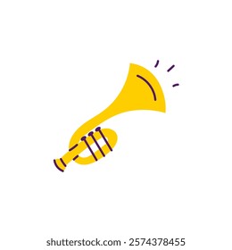 Trumpet Doodle Icon. Hand drawn yellow musical instrument. Festival sound equipment. Vector illustration