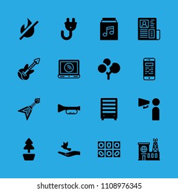 trumpet, electric guitar, smartphone, laptop, fire, plant, plug, electric guitar and newspaper vector icon. Simple icons set