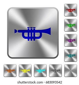 Trumpet engraved icons on rounded square glossy steel buttons