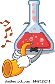 With trumpet erlenmeyer flask above wooden cartoon table