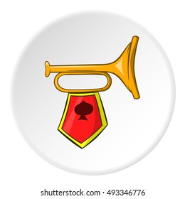 Trumpet with flag icon in cartoon style isolated on white circle background. Sound symbol vector illustration