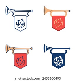 Trumpet with flag icon set. Soviet pioneer bugle with flag. Vector illustration.