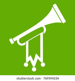 Trumpet with flag icon white isolated on green background. Vector illustration