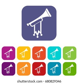 Trumpet with flag icons set vector illustration in flat style in colors red, blue, green, and other