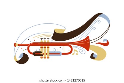 Trumpet flat vector illustration. Professional brass instrument isolated clipart. Classical music ensemble, jazz concert performance. Musician equipment with ribbon and notes drawing