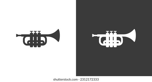 Icono de Trumpet plana en la web. Diseño del logo de la trompeta. Instrumento de latón simple trompeta símbolo de silueta con color invertido. Diseño de un vector de icono negro sólido de trompeta. Concepto de instrumentos musicales