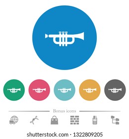 Trumpet flat white icons on round color backgrounds. 6 bonus icons included.