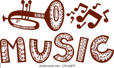 A trumpet with flying music notes and music word in decorative style. Vector illustration.