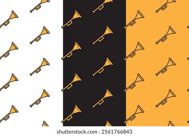 trumpet, horn, bugle seamless pattern on white black yellow background for packaging and merchandise.  trumpet, horn, bugle doodle pattern background. pattern of trumpet, horn, bugle background