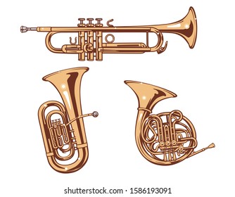 Trumpet, Horn and Tuba. Brass set of vector illustration.