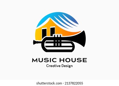 Trumpet house logo design with a creative concept, trumpet silhouette combined with colorful house icons. Vector premium