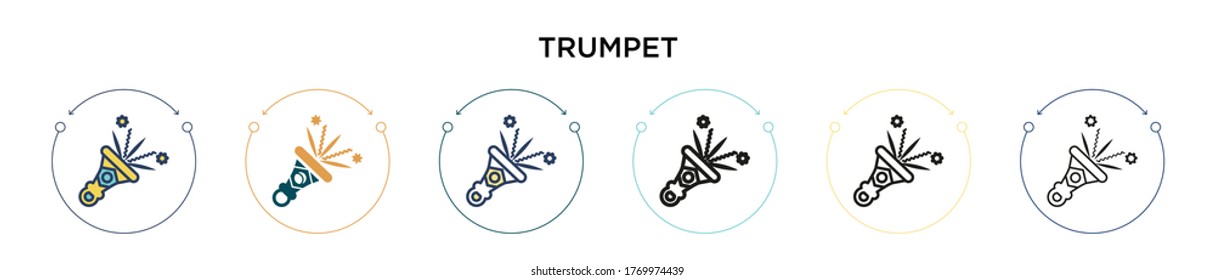 Trumpet icon in filled, thin line, outline and stroke style. Vector illustration of two colored and black trumpet vector icons designs can be used for mobile, ui, web