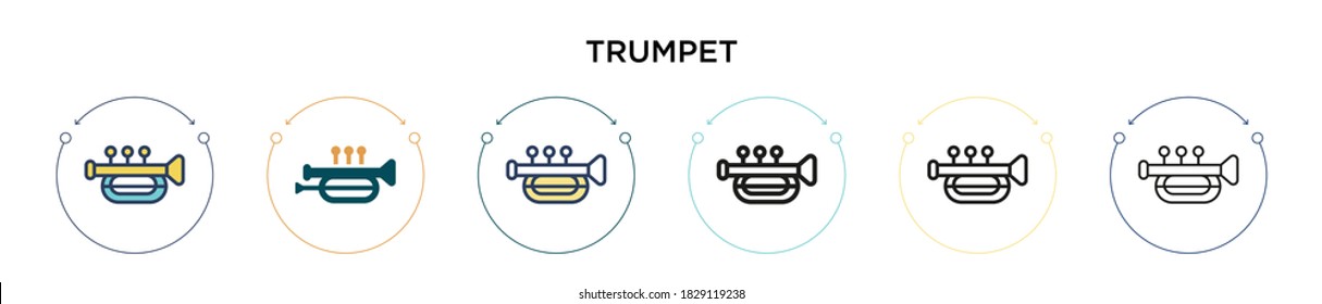Trumpet icon in filled, thin line, outline and stroke style. Vector illustration of two colored and black trumpet vector icons designs can be used for mobile, ui, web