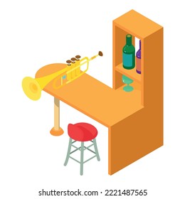 Trumpet icon isometric vector. Wind musical instrument on long bar wooden table. Music and art concept